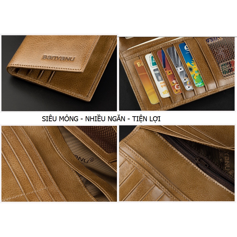 Ví Nam Da Bò Dài Cầm Tay Siêu Mỏng Gọn Bền Đẹp Nhiều Ngăn Tiện Lợi Công Nghệ RFID Blocking Chống Trộm Có Dây Kéo An Toàn