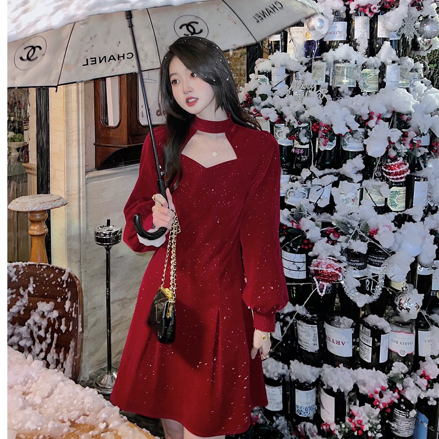 Đầm nhung Perty dáng ngắn phối dây kéo đính kim tuyến lấp lánh thời trang quyến rũ cho nữ