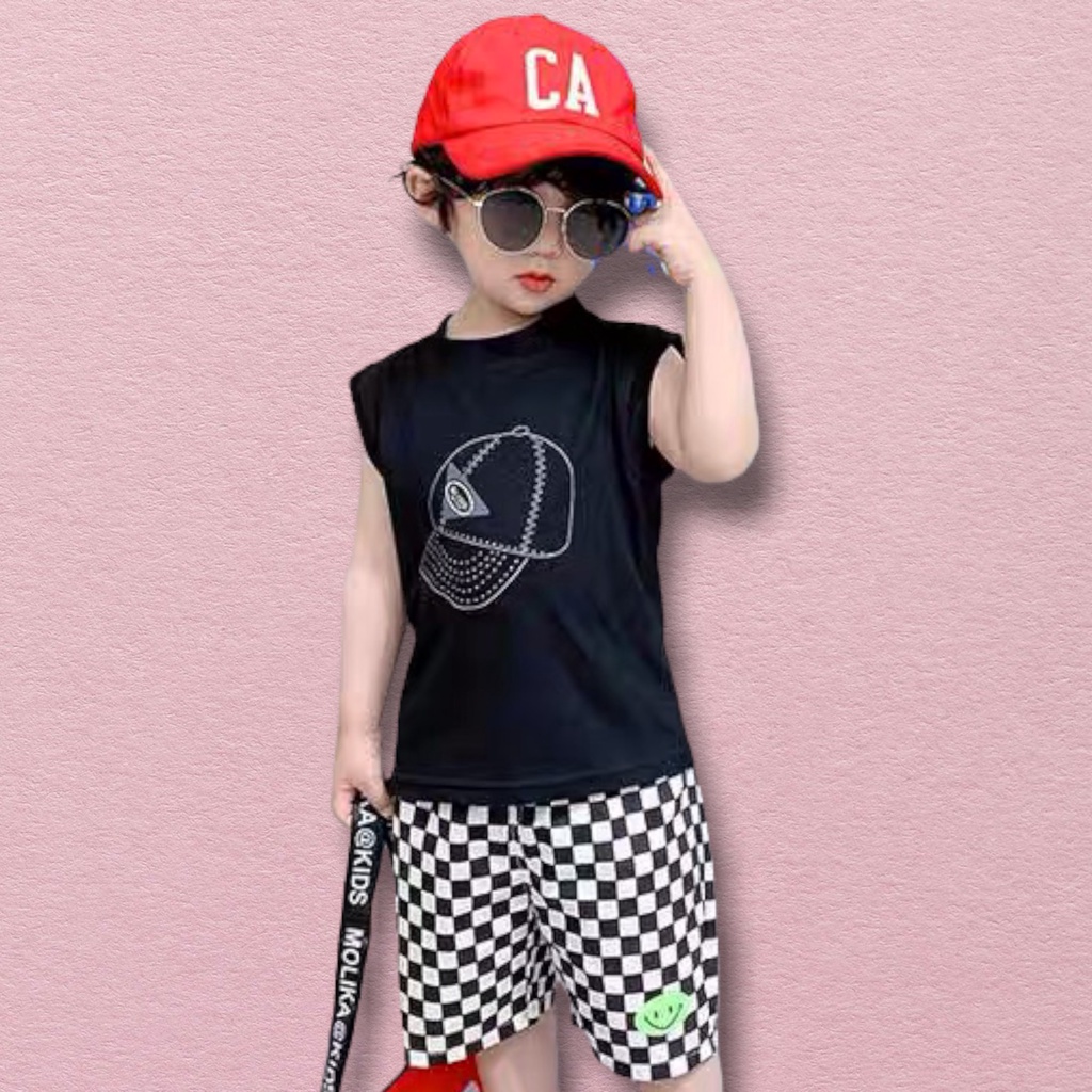 Bộ quần áo bé trai Con Xinh cotton sát nách hình in Nón COOL, thười trang mùa hè dành cho trẻ em từ 4 đến 10 tuổi