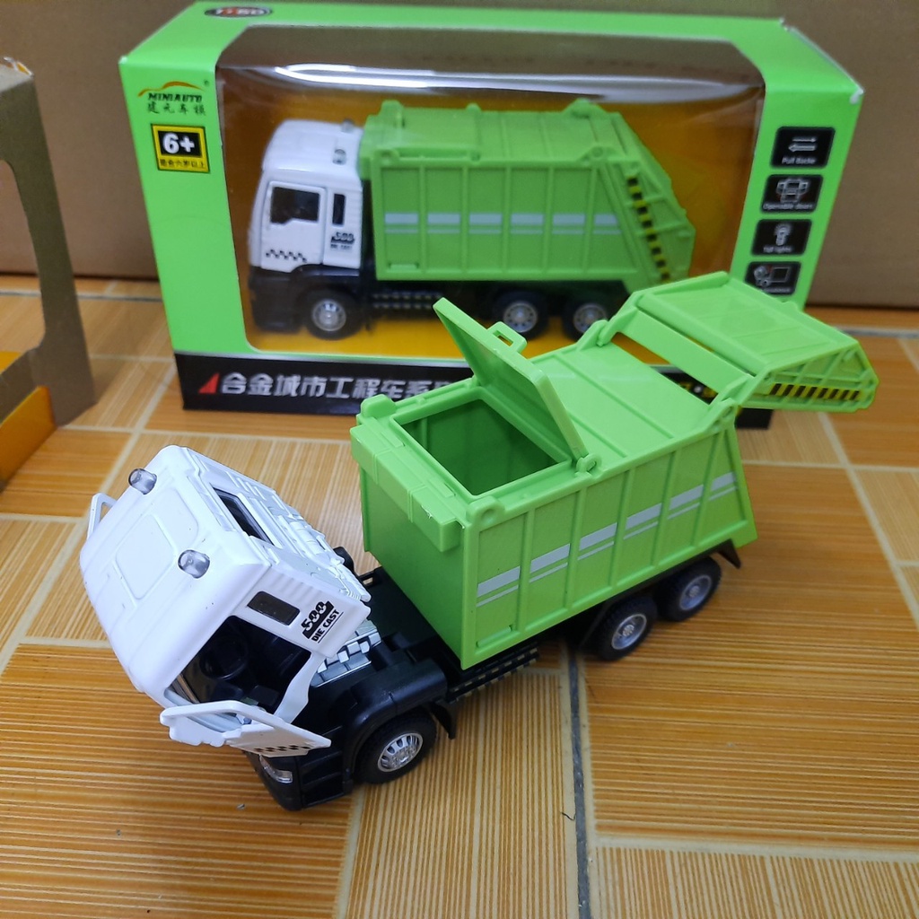 Đồ chơi trẻ em xe ô tô chở rác có âm thanh và đèn mở được cửa - mô hình tỉ lệ 1:50 có cabin xe bằng kim loại