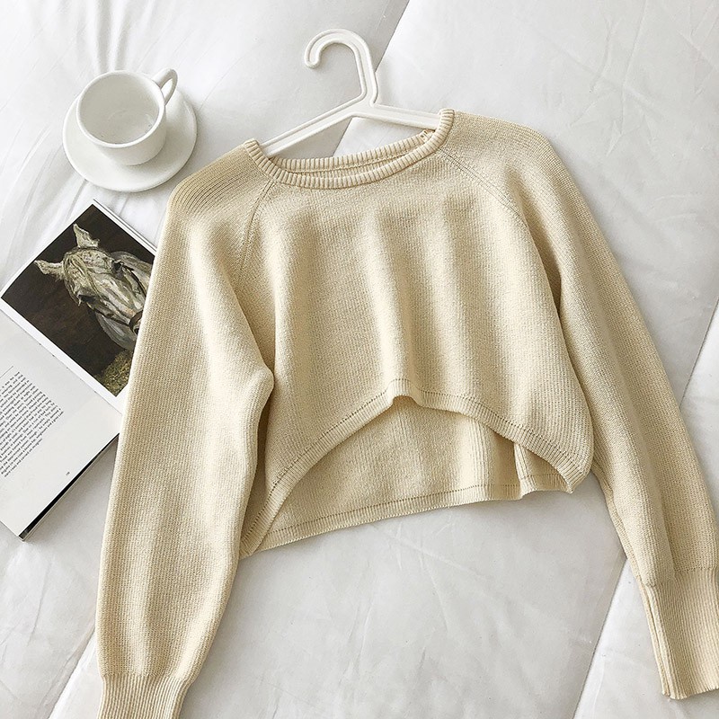 SUXI Áo Dệt Kim Tay Dài Phồng Cổ Tròn Màu Sắc Trơn Thiết Kế Đơn Giản Hợp Thời Trang