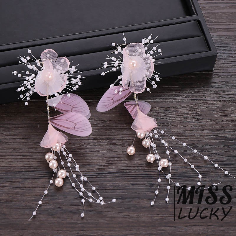 Set cài tóc+khuyên tai hoa đính ngọc trai hồng trang trí tóc cho cô dâu