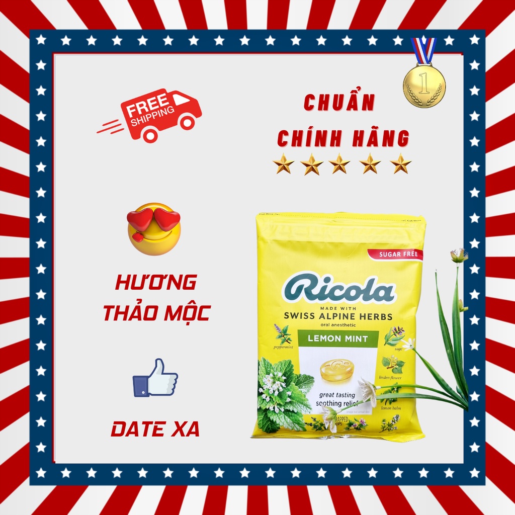KẸO NGẬM THẢO MỘC RICOLA SUGAR KHÔNG ĐƯỜNG LEMON MINT 105 VIÊN CỦA MỸ, thơm vị thảo mộc, thanh mát