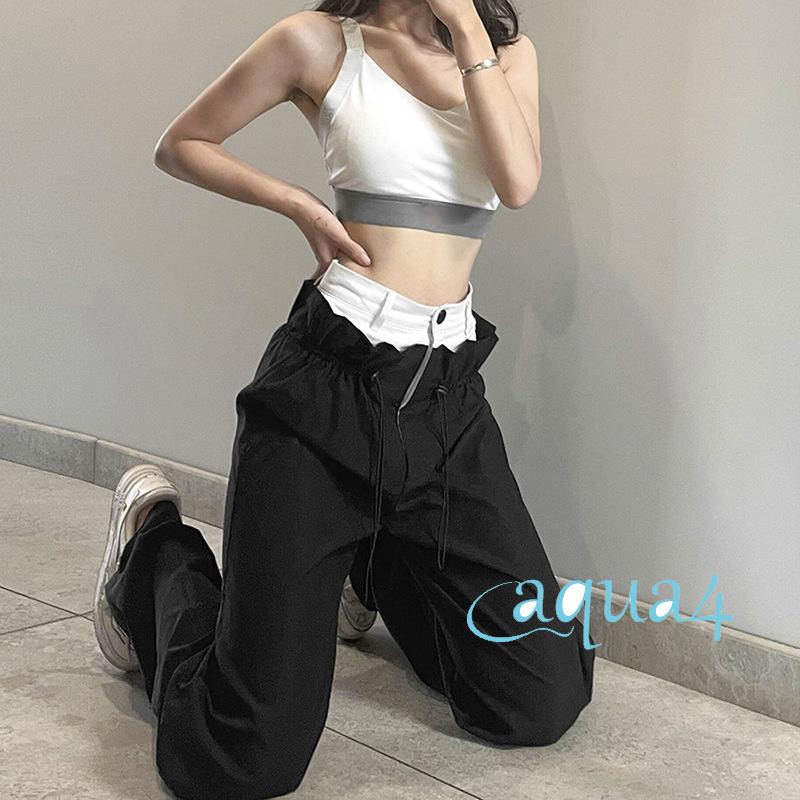 Quần Dài Lưng Cao Ống Rộng Màu Đen Phối Dây Rút Thời Trang Xuân Cá Tính Cho Nữ
