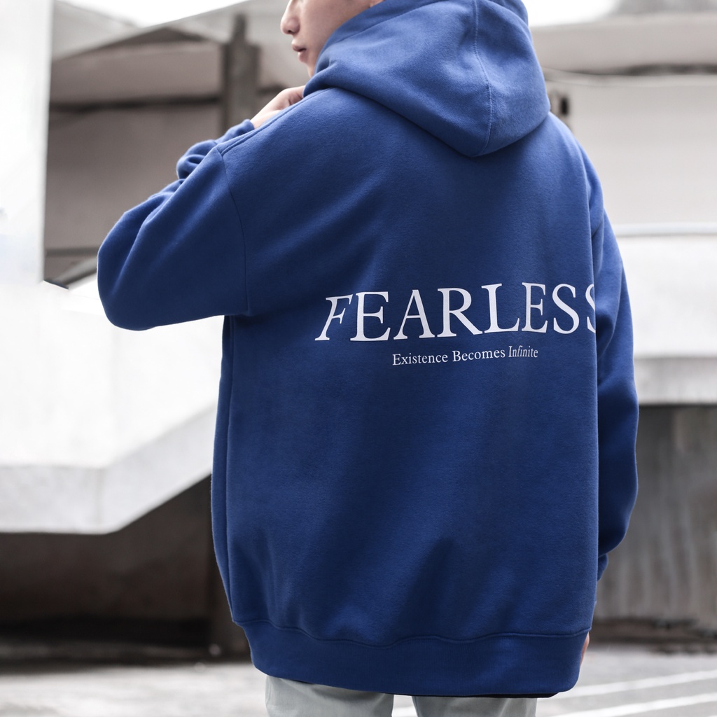 Áo Hoodie Fearless Màu Xanh Dương In Chữ Trắng Đơn Giản Chất Liệu Nỉ Bông Cotton