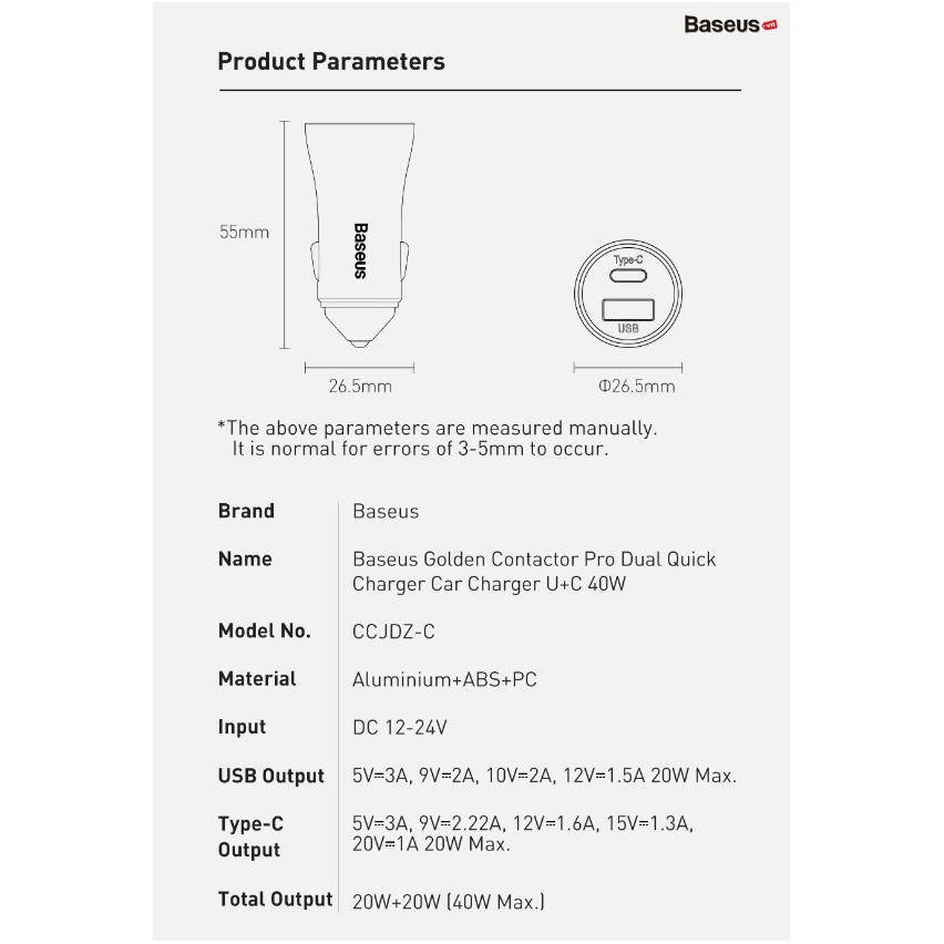 Bộ combo Tẩu sạc USB + Type C Baseus Golden Contactor Pro 40W (kèm cáp Type C qua Lightning)