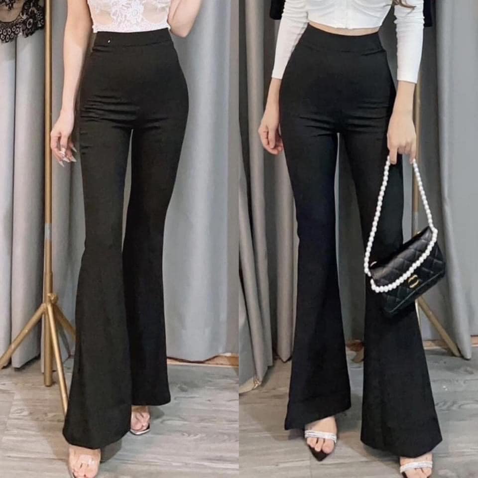 Quần tây ống loe nữ cạp cao vải cotton màu đen dài co dãn kiểu quần legging nữ hàn quốc lưng cao siêu hack chân tôn dáng