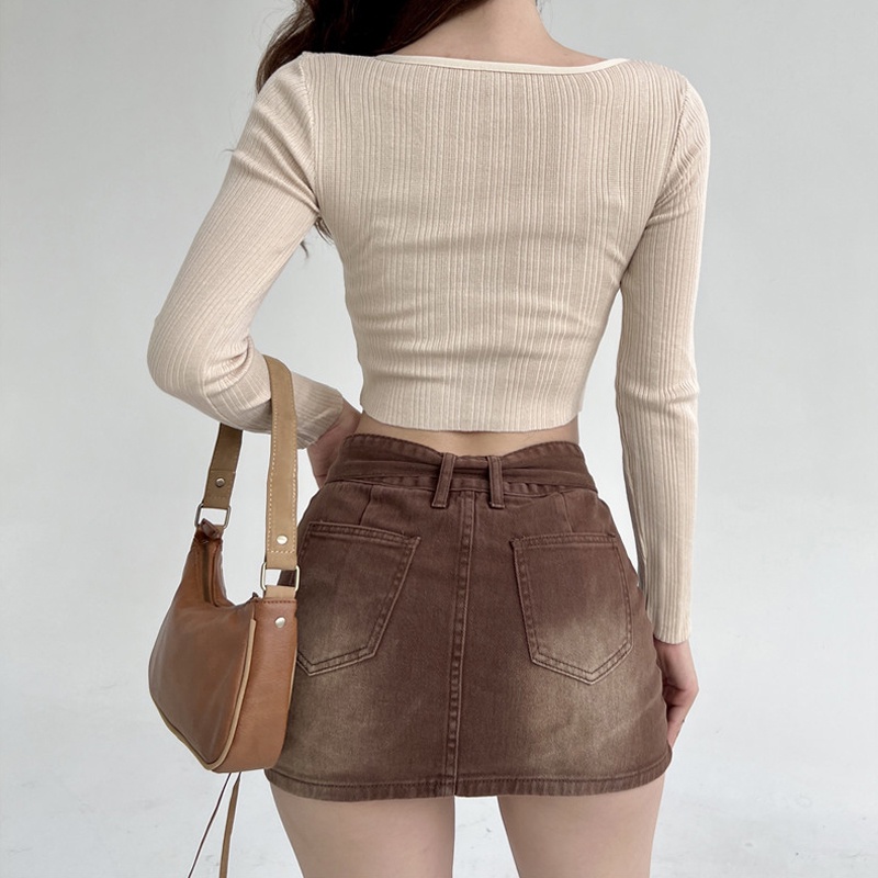 Áo thun vải dệt kim tay dài phối dây xích cá tính trẻ trung cho bạn gái