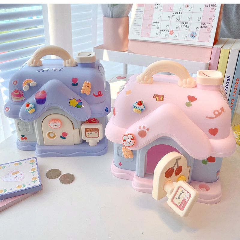 Ống Heo Tiết Kiệm Tiền Hình Ngôi Nhà Dễ Thương Có Khóa Tiện Dụng
