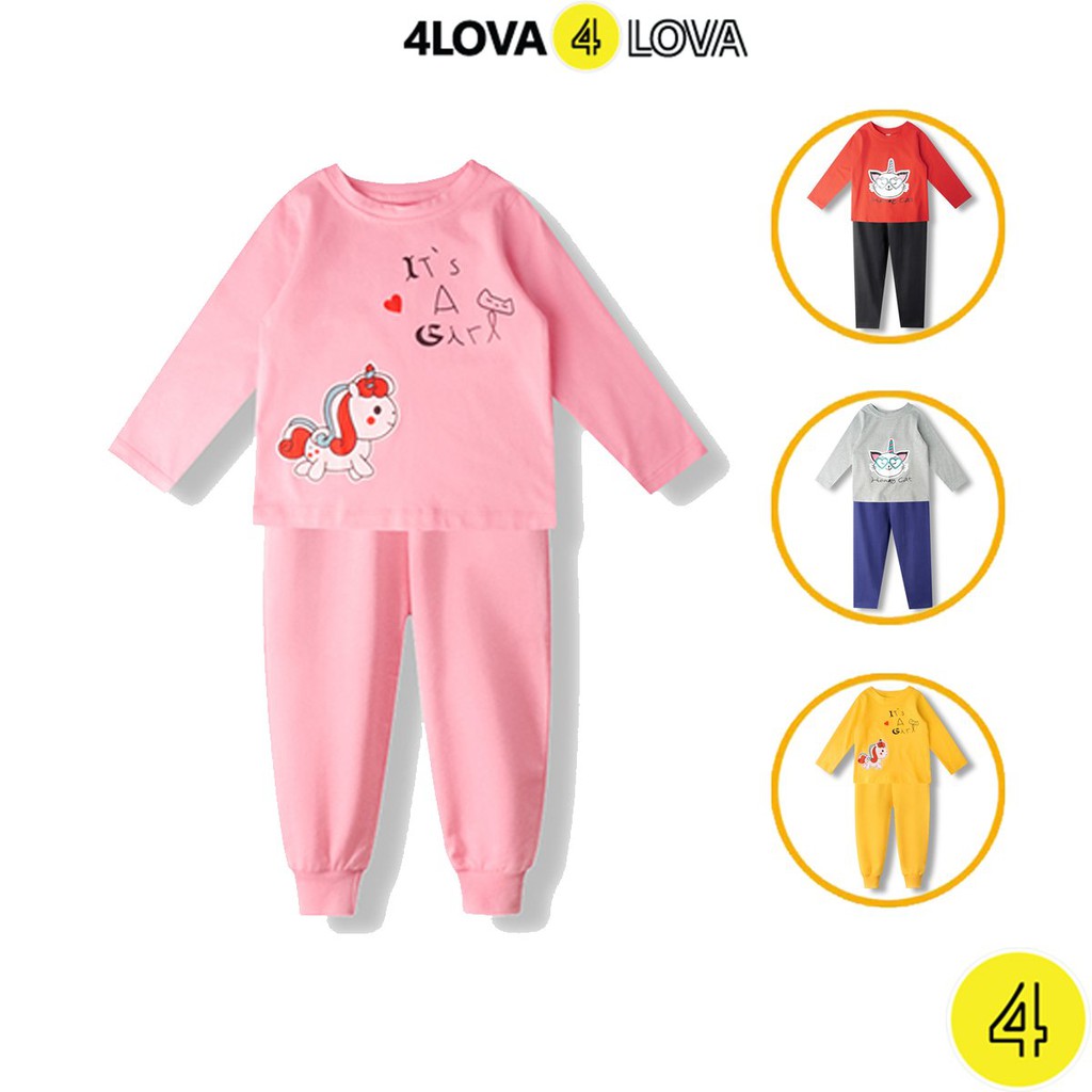 Bộ quần áo dài tay 4LOVA thun cotton in hoạt hình ngộ nghĩnh cho bé yêu từ 10-30 kg