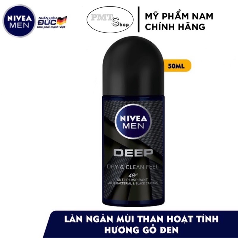 Combo 2 Lăn ngăn mùi NIVEA MEN Deep 50ml x 2 chai Black Charcoal Dry &amp; Clean Feel than đen hoạt tính