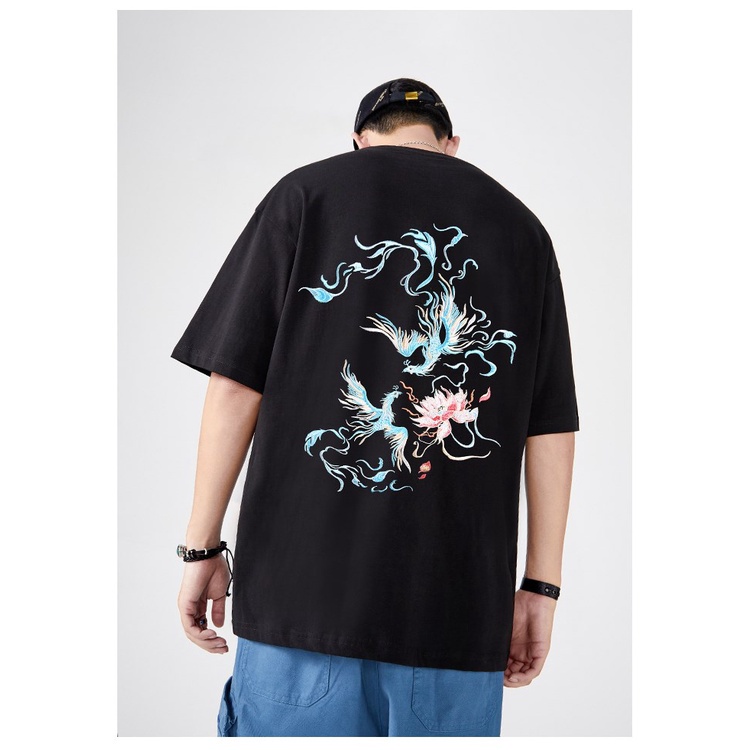Áo thun tay ngắn thêu hình chim phượng hoàng thời trang cho nam