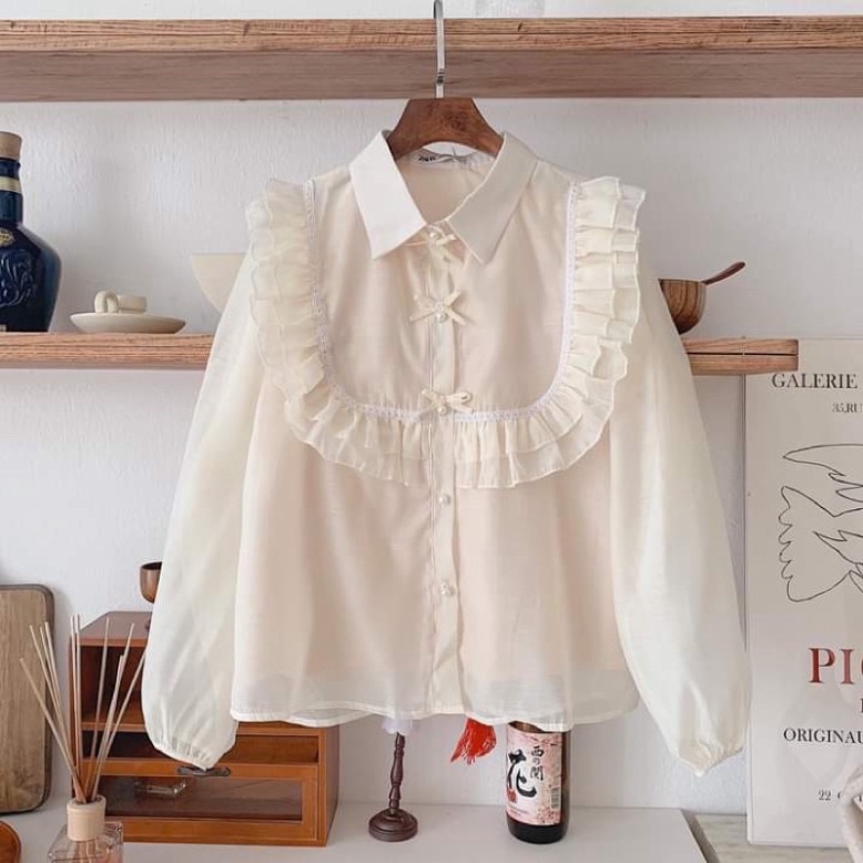 Áo sơ mi cổ bẻ thiết kế_451 ulzzang babydoll bánh bèo nội y xanh