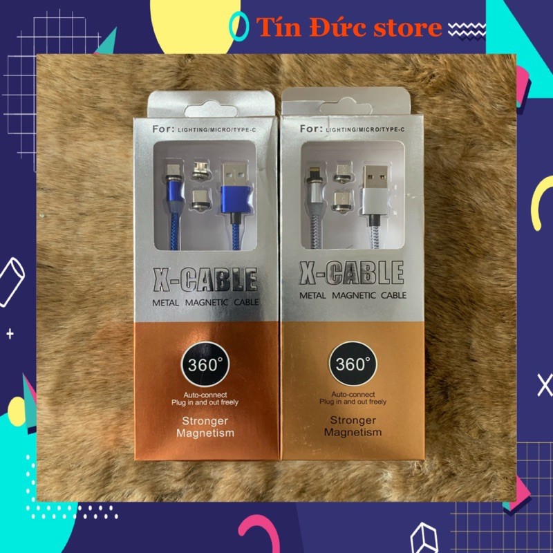 Cáp sạc từ hít nam châm 3 đầu Android và iPhone Type C 360 độ dây dù