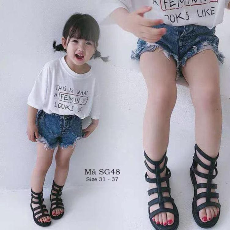 Giày Sandal chiến binh bé gái 5 - 12 tuổi thời trang da mềm, màu đen dễ phối đồ đi chơi đi biển hè phong cách SG48