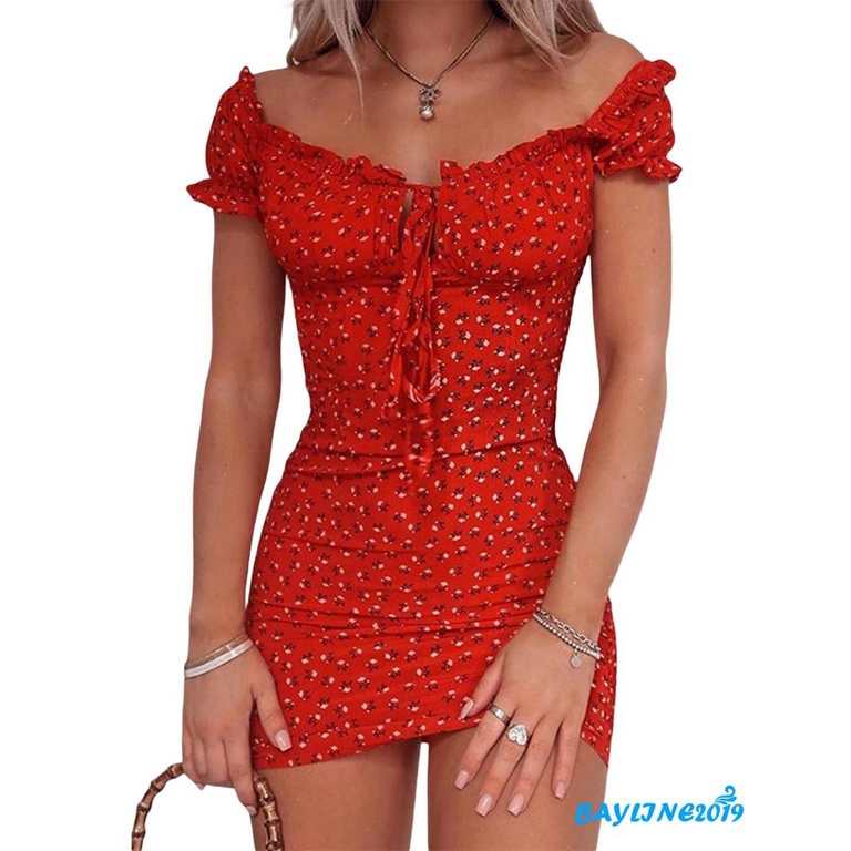 Đầm nữ trễ vai ngắn tay họa tiết hoa thời trang