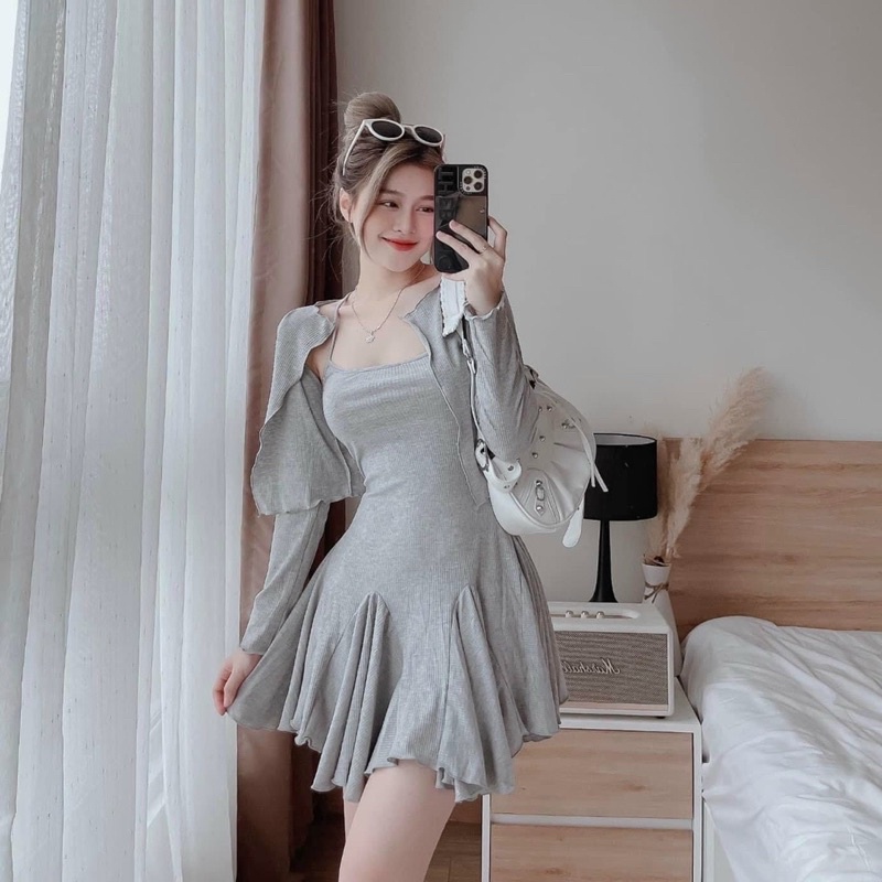 Set Đầm 2 Dây Cổ U Dạo Phố Đi Chơi Kèm Khoác Ghép Mảnh Thun Gân