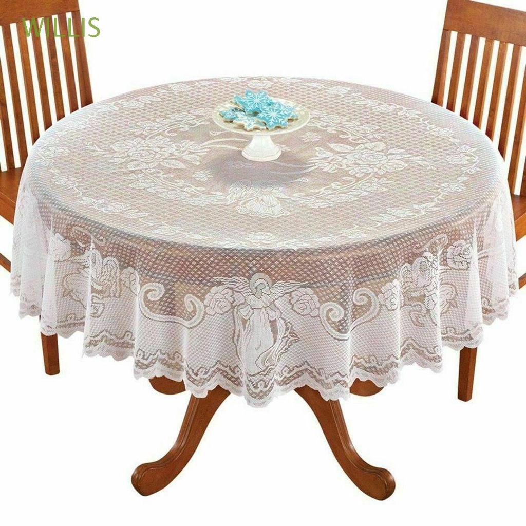 Khăn trải bàn hình tròn phối ren màu trắng phong cách cổ điển dùng để trang trí giáng sinh năm mới