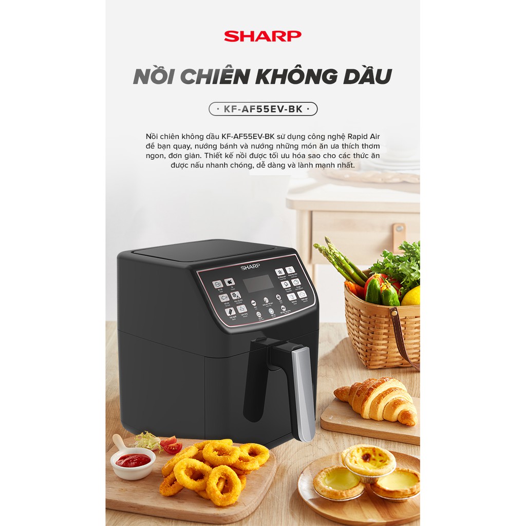 Nồi chiên không dầu Sharp KF-AF55EV-BK (Hàng chính hãng, Dung tích 5.5 lít, Bảo hành 12 tháng Toàn Quốc)