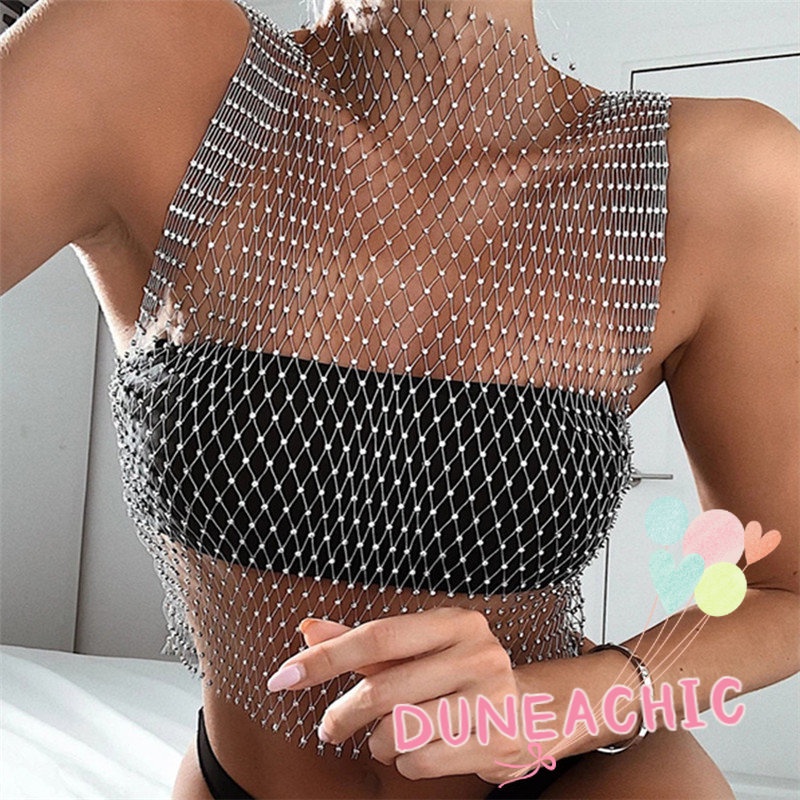 DUNEA Áo hai dây phối lưới lấp lánh quyến rũ cho nữ