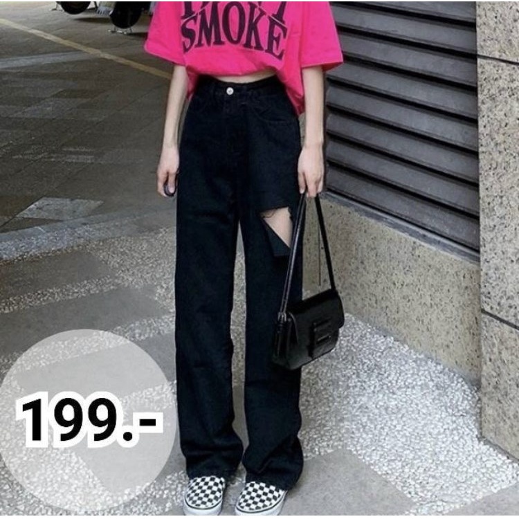 [ SÁNH VĨ NHÂN ] QUẦN JEANS ỐNG RỘNG NỮ LƯNG CAO MÀU ĐEN RÁCH L TO ĐÙI TRÁI CAO LAI CUỐN FORM DÀY DẶN MỀM MỊN CAO CẤP