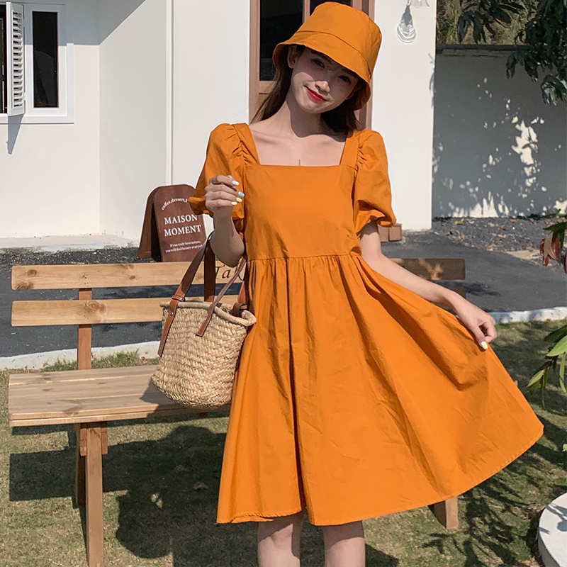 Đầm chữ A SUXI tay ngắn phồng cổ vuông màu trơn đơn giản phong cách Hàn Quốc thời trang mùa hè cho nữ