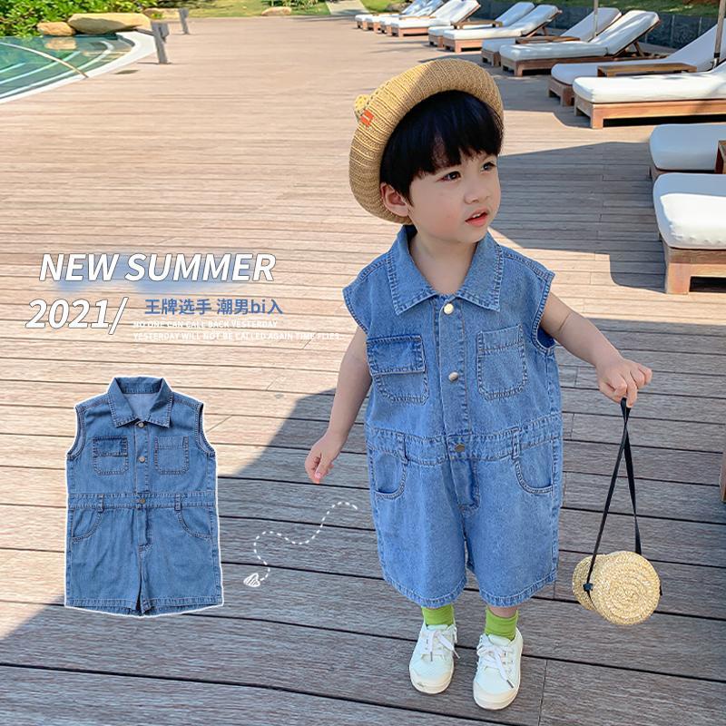 Bộ Áo Liền Quần Bằng Cotton Denim Tay Ngắn Thoải Mái Thời Trang Mùa Hè Cho Bé Trai
