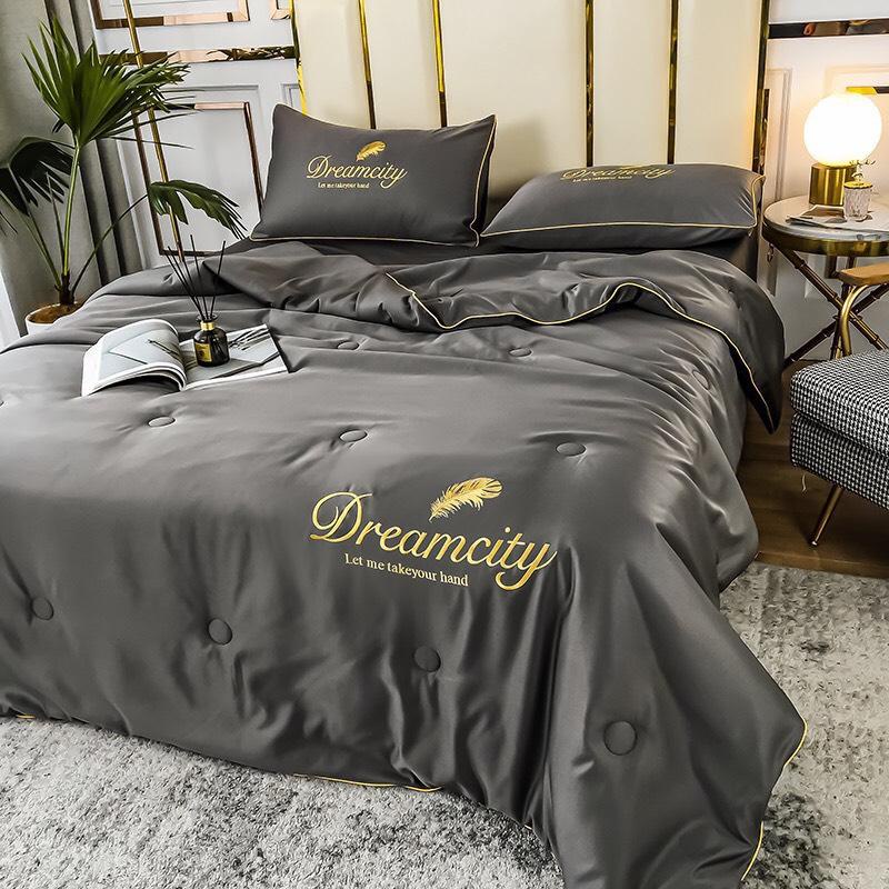 Bộ chăn ga gối Lụa Dream chăn hè thêu hoa 4 món