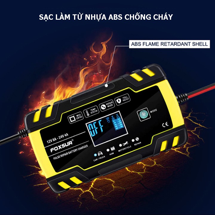 Sạc bình ắc quy 12V 24V 6Ah - 150Ah FOXSUR tự ngắt khi đầy chức năng bảo dưỡng phục hồi ắc quy bằng khử sunfat