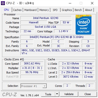 CPU Intel Core Pentium G3240 3.1GHz 3MB Cache, Socket 1150, 5 GT/s DMI