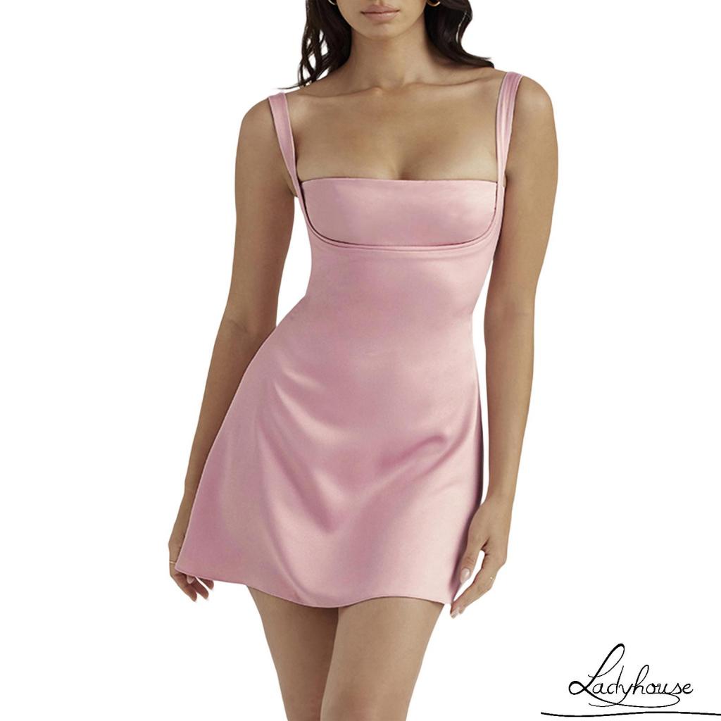 Đầm Hai Dây Dáng Chữ A Lưng Cao Màu Trơn Thời Trang Mùa Hè Cho Nữ