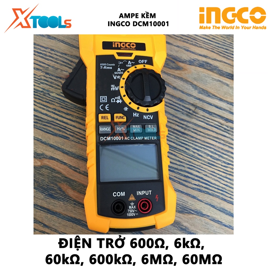Ampe kìm INGCO DCM10001 | ampe kẹp AC kỹ thuật số Dòng điện AC 60A/600A/1000A, Có màn hình điện tử LCD đồng hồ vạn năng