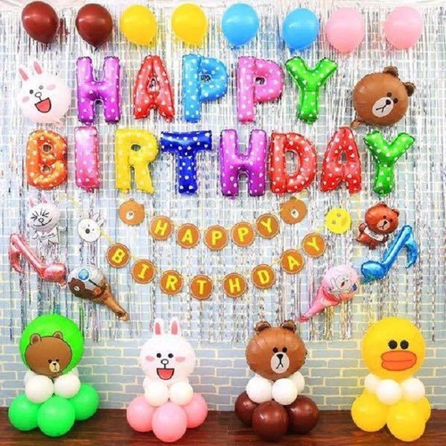 Set bóng trang trí sinh nhật Happy Birthday kèm 2 rèm kim tuyến - Mã SN04