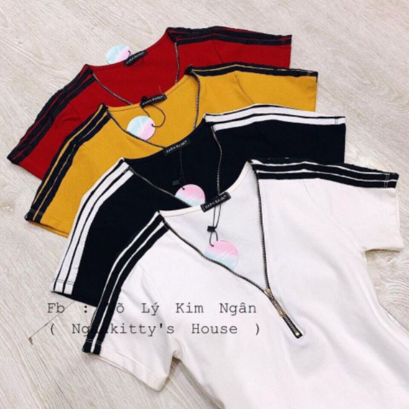 Áo thun croptop cổ trụ phối dây kéo cao cấp