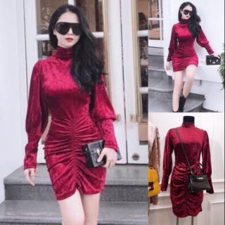 Đầm nhung ôm tay dài cổ lọ nhúng thân Cao Cấp
