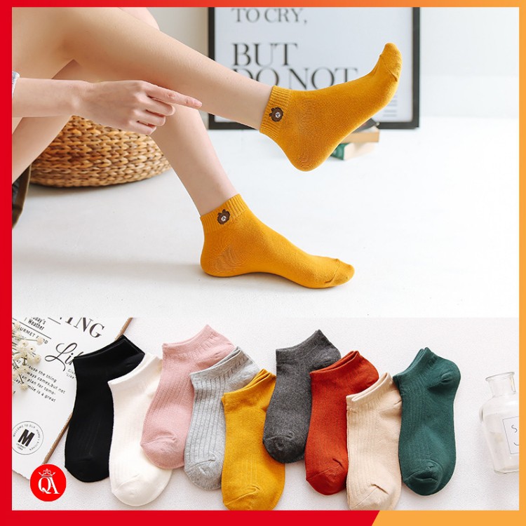 Set 10 đôi tất gấu vớ nữ cổ ngắn chất cotton hình gấu brown kèm túi gấu