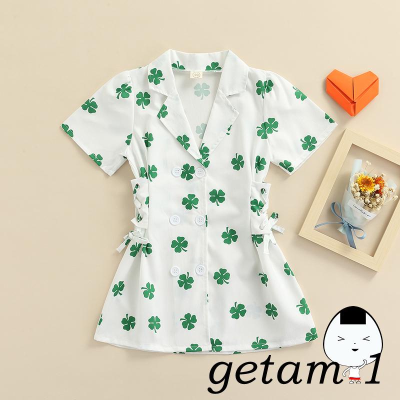 LJW-Đầm tay ngắn cổ bẻ cài nút in hình cỏ ba lá màu trắng/xanh lá dành cho bé gái 1-6 tuổi