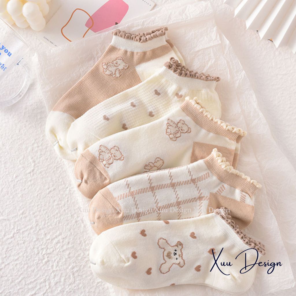 Tất nữ cổ ngắn XUU cổ viền bèo họa tiết gấu dễ thương vải cotton co dãn - T10