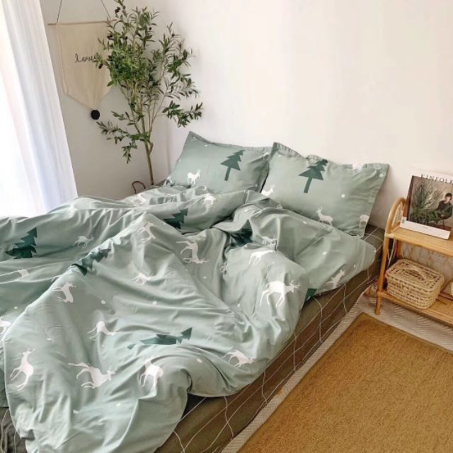 Bộ vỏ chăn ga gối Cotton poly mẫu Hiêu xanh ngọc. Chăn ga phong cách Hàn quốc shopquycgg