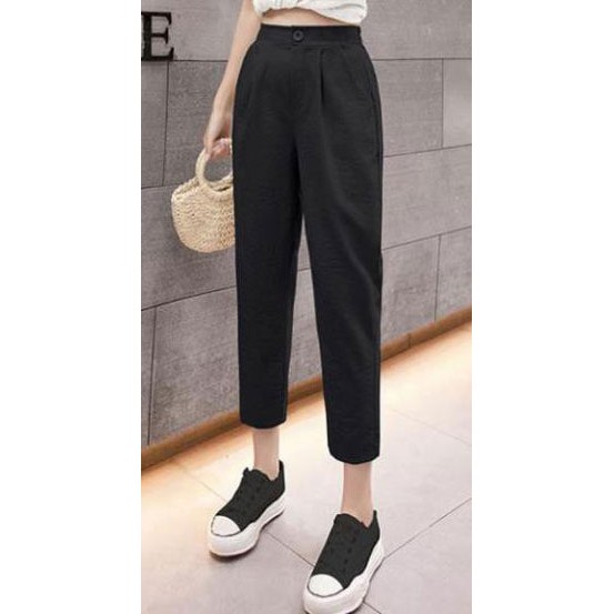 Quần Baggy đũi nữ cạp cao lưng chun khóa thật dáng lửng - Chất vải đũi xước màu Kem / Đen cực Xinh [Hàng HOT 2021] | BigBuy360 - bigbuy360.vn