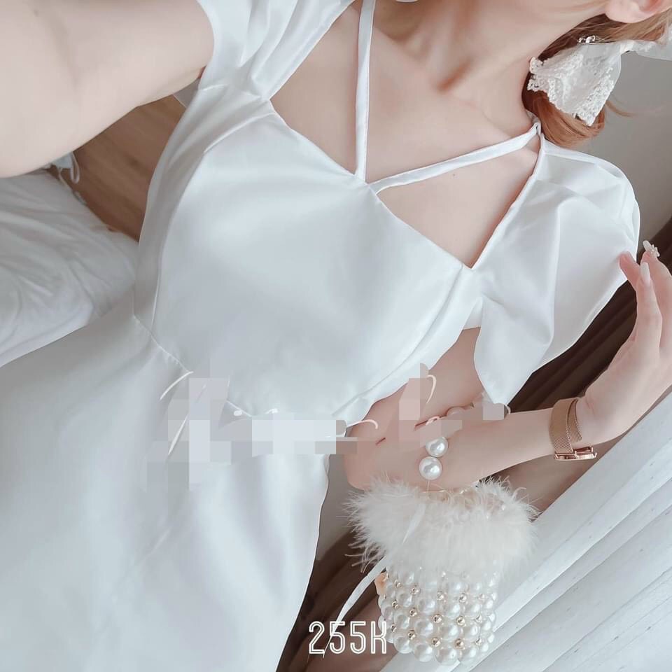 Đầm Trắng Form A Cổ Vuông 2 Dây Yếm V Tay Phồng Thanh Nhã Cho Các Nàng