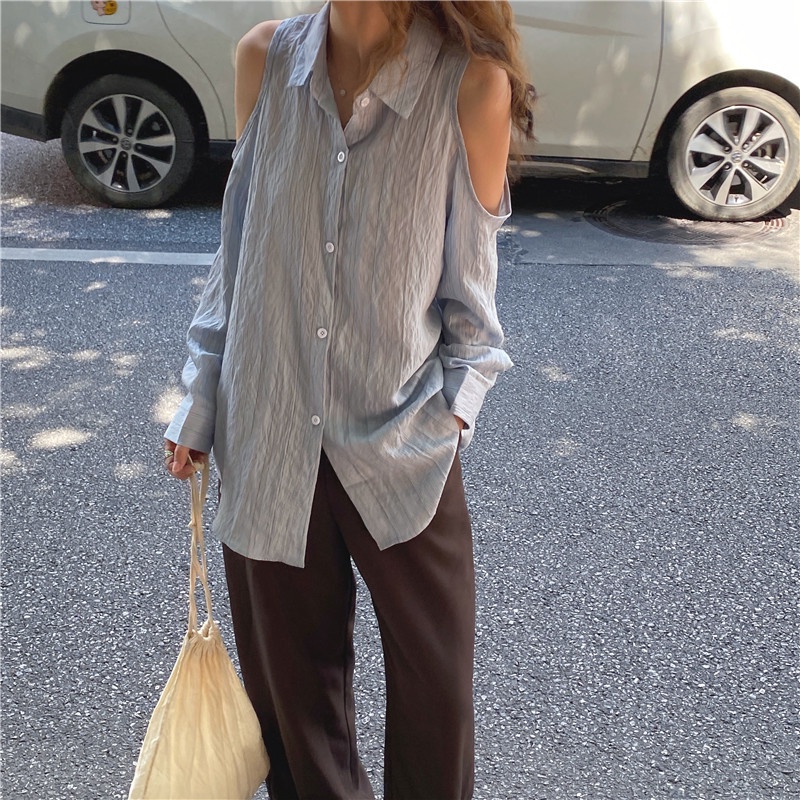 SUXI Áo Kiểu Tay Dài Trễ Vai Phối Nút Phong Cách Hàn Quốc Cho Nữ