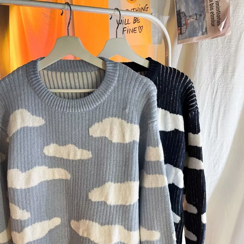 Áo Sweater Dệt Kim Dày Dặn Dáng Rộng In Hình Đám Mây Phong Cách Hàn Quốc Cho Nam Giới