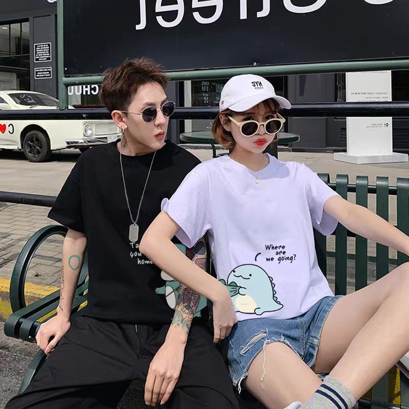 Áo thun (áo phông) cặp đôi dáng unisex Couple Ciu cho nam nữ - Họa tiết khủng long, hai màu đen trắng