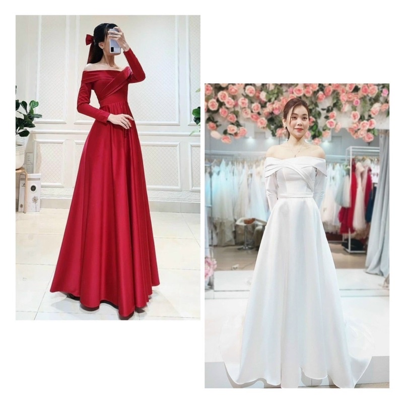 Váy trắng dự tiệc maxi cô dâu chụp ảnh cưới tay dài trễ vai tiểu thư