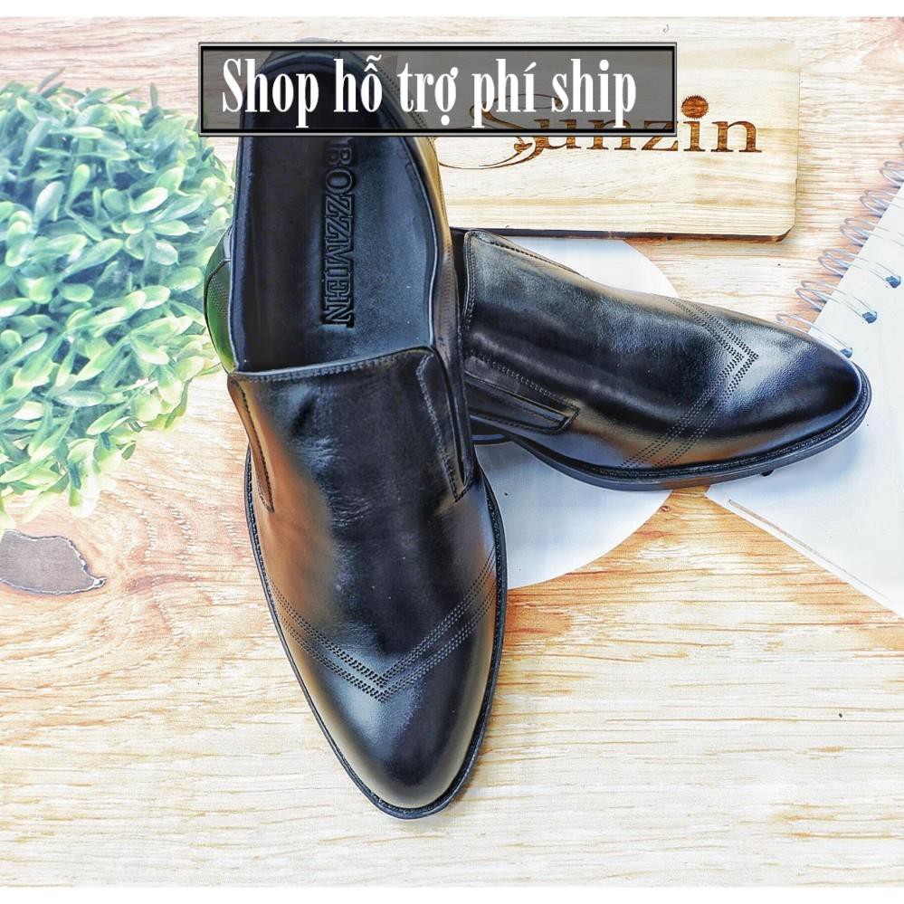 Hỗ trợ Ship- GIÀY DA THẬT sunzin 3374 - Kiểu giày công sở không dây tiện dụng cho nam giới (model 2018) màu đen