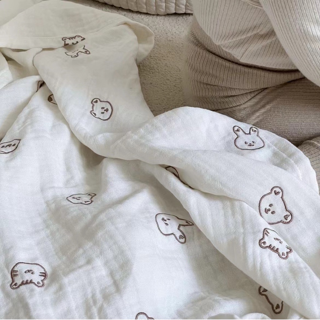 Khăn Tắm Bằng Vải Cotton Gauze Ba Lớp Thêu Họa Tiết Dễ Thương Dành Cho Bé Sơ Sinh