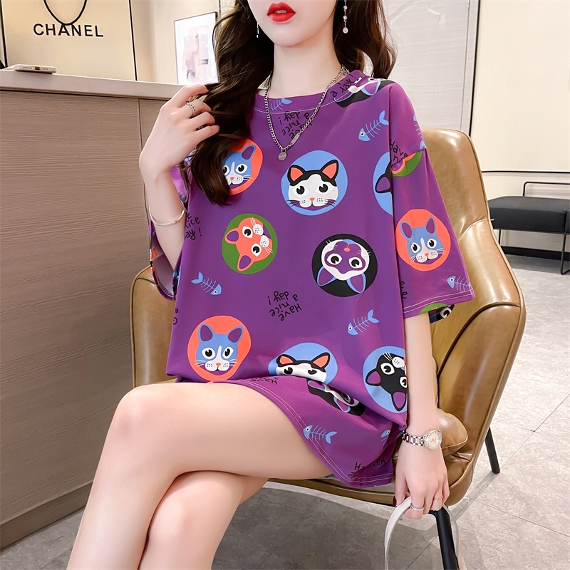 Áo thun co giãn mềm mại tay ngắn dáng rộng dài vừa in hình mèo xương cá phong cách graffiti đường phố cho nữ