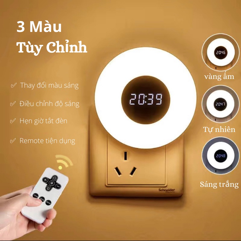Đèn ngủ thông minh trang trí phòng ngủ có đồng hồ điều khiển từ xa, đèn ngủ treo tường đèn phòng ngủ  3 màu sáng