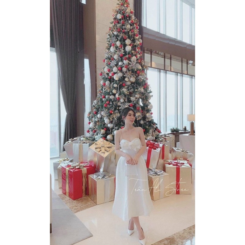ĐẦM TRẮNG - ĐỎ GẮN HOA NGỰC 2D
